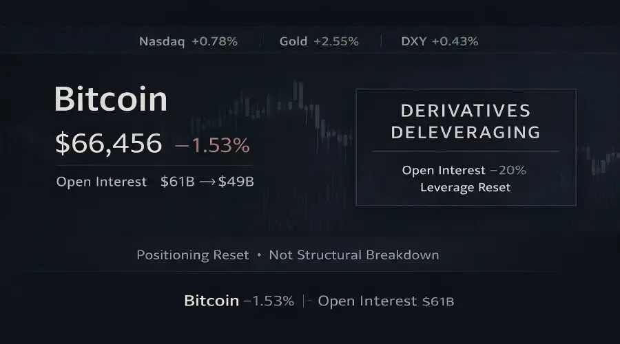 Bitcoin Softens as Open Interest Contracts Amid Derivatives Deleveraging