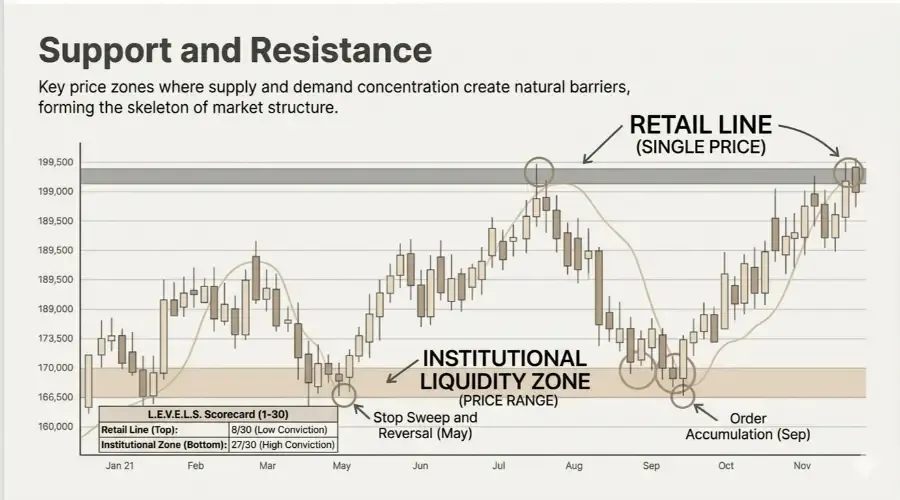 Support and Resistance Trading: Why Retail Traders Draw Lines and Institutions Trade Zones
