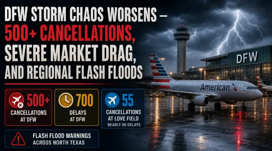 DFW Storm Chaos Worsens – 500+ Cancellations, Severe Market Drag, and Regional Flash Floods