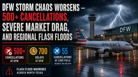DFW Storm Chaos Worsens – 500+ Cancellations, Severe Market Drag, and Regional Flash Floods